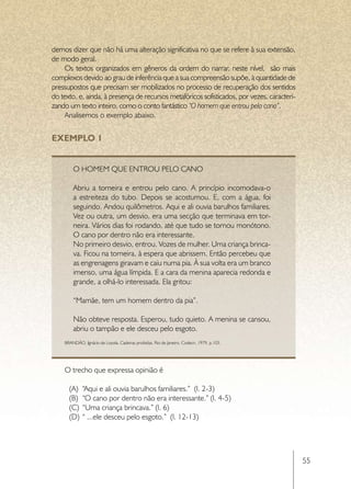 demos dizer que não há uma alteração significativa no que se refere à sua extensão,
de modo geral.
    Os textos organizados em gêneros da ordem do narrar, neste nível,   são mais
complexos devido ao grau de inferência que a sua compreensão supõe, à quantidade de
pressupostos que precisam ser mobilizados no processo de recuperação dos sentidos
do texto, e, ainda, à presença de recursos metafóricos sofisticados, por vezes, caracteri-
zando um texto inteiro, como o conto fantástico “O homem que entrou pelo cano”.
    Analisemos o exemplo abaixo.


EXEMPLO 1


        O homem que entrou pelo cano

        Abriu a torneira e entrou pelo cano. A princípio incomodava-o
        a estreiteza do tubo. Depois se acostumou. E, com a água, foi
        seguindo. Andou quilômetros. Aqui e ali ouvia barulhos familiares.
        Vez ou outra, um desvio, era uma secção que terminava em tor-
        neira. Vários dias foi rodando, até que tudo se tornou monótono.
        O cano por dentro não era interessante.
        No primeiro desvio, entrou. Vozes de mulher. Uma criança brinca-
        va. Ficou na torneira, à espera que abrissem. Então percebeu que
        as engrenagens giravam e caiu numa pia. À sua volta era um branco
        imenso, uma água límpida. E a cara da menina aparecia redonda e
        grande, a olhá-lo interessada. Ela gritou:

        “Mamãe, tem um homem dentro da pia”.

        Não obteve resposta. Esperou, tudo quieto. A menina se cansou,
        abriu o tampão e ele desceu pelo esgoto.
    BRANDÃO, Ignácio de Loyola. Cadeiras proibidas. Rio de Janeiro. Codecri. 1979, p.103.




    O trecho que expressa opinião é

      (A)	 “Aqui e ali ouvia barulhos familiares.” (l. 2-3)
      (B)	 “O cano por dentro não era interessante.” (l. 4-5)
      (C)	 “Uma criança brincava.” (l. 6)
      (D)	 “ ...ele desceu pelo esgoto.” (l. 12-13)




                                                                                             55
 