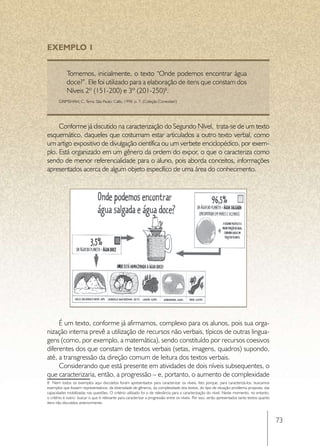EXEMPLO 1


            Tomemos, inicialmente, o texto “Onde podemos encontrar água
            doce?”. Ele foi utilizado para a elaboração de itens que constam dos
            Níveis 2º (151-200) e 3º (201-250)8.
       GRIMSHAW, C. Terra. São Paulo: Callis, 1998. p. 7. (Coleção Conexões!)




     Conforme já discutido na caracterização do Segundo Nível, trata-se de um texto
esquemático, daqueles que costumam estar articulados a outro texto verbal, como
um artigo expositivo de divulgação científica ou um verbete enciclopédico, por exem-
plo. Está organizado em um gênero da ordem do expor, o que o caracteriza como
sendo de menor referencialidade para o aluno, pois aborda conceitos, informações
apresentados acerca de algum objeto específico de uma área do conhecimento.




     É um texto, conforme já afirmamos, complexo para os alunos, pois sua orga-
nização interna prevê a utilização de recursos não verbais, típicos de outras lingua-
gens (como, por exemplo, a matemática), sendo constituído por recursos coesivos
diferentes dos que constam de textos verbais (setas, imagens, quadros) supondo,
até, a transgressão da direção comum de leitura dos textos verbais.
     Considerando que está presente em atividades de dois níveis subsequentes, o
que caracterizaria, então, a progressão – e, portanto, o aumento de complexidade
8 Nem todos os exemplos aqui discutidos foram apresentados para caracterizar os níveis. Isto porque, para caracterizá-los, buscamos
exemplos que fossem representativos: da diversidade de gêneros, da complexidade dos textos, do tipo de situação-problema proposta, das
capacidades mobilizadas nas questões. O critério utilizado foi o de relevância para a caracterização do nível. Neste momento, no entanto,
o critério é outro: buscar o que é relevante para caracterizar a progressão entre os níveis. Por isso, serão apresentados tanto textos quanto
itens não discutidos anteriormente.



                                                                                                                                                73
 