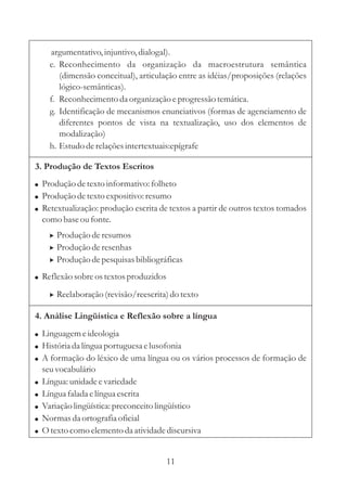 argumentativo, injuntivo, dialogal).
      e. Reconhecimento da organização da macroestrutura semântica
         (dimensão conceitual), articulação entre as idéias/proposições (relações
         lógico-semânticas).
      f. Reconhecimento da organização e progressão temática.
      g. Identificação de mecanismos enunciativos (formas de agenciamento de
         diferentes pontos de vista na textualização, uso dos elementos de
         modalização)
      h. Estudo de relações intertextuais:epígrafe

3. Produção de Textos Escritos
! Produção de texto informativo: folheto
! Produção de texto expositivo: resumo
! Retextualização: produção escrita de textos a partir de outros textos tomados
    como base ou fonte.
      > Produção de resumos
      > Produção de resenhas
      > Produção de pesquisas bibliográficas

! Reflexão sobre os textos produzidos

      > Reelaboração (revisão/reescrita) do texto

4. Análise Lingüística e Reflexão sobre a língua
! Linguagem e ideologia
! História da língua portuguesa e lusofonia
! A formação do léxico de uma língua ou os vários processos de formação de
    seu vocabulário
!   Língua: unidade e variedade
!   Língua falada e língua escrita
!   Variação lingüística: preconceito lingüístico
!   Normas da ortografia oficial
!   O texto como elemento da atividade discursiva


                                        11
 