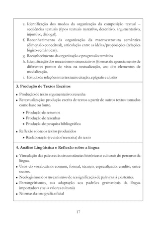 e. Identificação dos modos da organização da composição textual –
       seqüências textuais (tipos textuais narrativo, descritivo, argumentativo,
       injuntivo, dialogal).
    f. Reconhecimento da organização da macroestrutura semântica
       (dimensão conceitual), articulação entre as idéias/proposições (relações
       lógico-semânticas).
    g. Reconhecimento da organização e progressão temática
    h. Identificação dos mecanismos enunciativos (formas de agenciamento de
       diferentes pontos de vista na textualização, uso dos elementos de
       modalização.
    i. Estudo de relações intertextuais: citação, epígrafe e alusão

3. Produção de Textos Escritos
! Produção de texto argumentativo: resenha
! Retextualização: produção escrita de textos a partir de outros textos tomados
  como base ou fonte.
    > Produção de resumos
    > Produção de resenhas
    > Produção de pesquisa bibliográfica
! Reflexão sobre os textos produzidos
    > Reelaboração (revisão/reescrita) do texto

4. Análise Lingüística e Reflexão sobre a língua
! Vinculação das palavras às circunstâncias históricas e culturais do percurso da
  língua.
! Usos do vocabulário: comum, formal, técnico, especializado, erudito, entre
  outros.
! Neologismos e os mecanismos de ressignificação de palavras já existentes.
! Estrangeirismos, sua adaptação aos padrões gramaticais da língua
  importadora e seus valores culturais
! Normas da ortografia oficial



                                         17
 