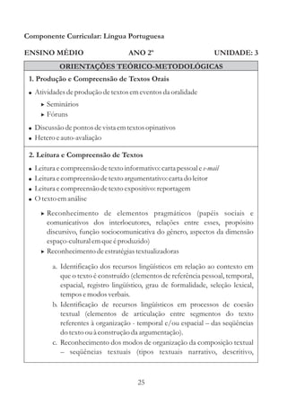 Componente Curricular: Língua Portuguesa

ENSINO MÉDIO                          ANO 2º                         UNIDADE: 3
             ORIENTAÇÕES TEÓRICO-METODOLÓGICAS
 1. Produção e Compreensão de Textos Orais
 ! Atividades de produção de textos em eventos da oralidade
       > Seminários
       > Fóruns
 ! Discussão de pontos de vista em textos opinativos
 ! Hetero e auto-avaliação

 2. Leitura e Compreensão de Textos
 !   Leitura e compreensão de texto informativo: carta pessoal e e-mail
 !   Leitura e compreensão de texto argumentativo: carta do leitor
 !   Leitura e compreensão de texto expositivo: reportagem
 !   O texto em análise
       > Reconhecimento de elementos pragmáticos (papéis sociais e
         comunicativos dos interlocutores, relações entre esses, propósito
         discursivo, função sociocomunicativa do gênero, aspectos da dimensão
         espaço-cultural em que é produzido)
       > Reconhecimento de estratégias textualizadoras

           a. Identificação dos recursos lingüísticos em relação ao contexto em
              que o texto é construído (elementos de referência pessoal, temporal,
              espacial, registro lingüístico, grau de formalidade, seleção lexical,
              tempos e modos verbais.
           b. Identificação de recursos lingüísticos em processos de coesão
              textual (elementos de articulação entre segmentos do texto
              referentes à organização - temporal e/ou espacial – das seqüências
              do texto ou à construção da argumentação).
           c. Reconhecimento dos modos de organização da composição textual
              – seqüências textuais (tipos textuais narrativo, descritivo,



                                          25
 