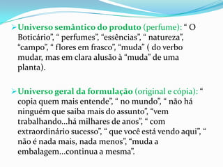 Universo semântico do produto (perfume): “ O Boticário”, “ perfumes”, “essências”, “ natureza”, “campo”, “ flores em frasco”, “muda” ( do verbo mudar, mas em clara alusão à “muda” de uma planta). 