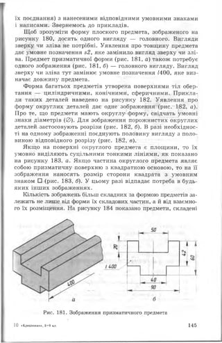 їх поєднання) з нанесеними відповідними умовними знаками
і написами. Звернемось до прикладів.
Щоб зрозуміти форму плоского предмета, зображеного на
рисунку 180, досить одного вигляду — головного. Вигляди
зверху чи зліва не потрібні. Уявлення про товщину предмета
дає умовне позначення з2, яке замінило вигляд зверху чи злі­
ва. Предмет призматичної форми (рис. 181, а) також потребує
одного зображення (рис. 181, б) — головного вигляду. Вигляд
зверху чи зліва тут замінює умовне позначення М00, яке виз­
начає довжину предмета.
Форма багатьох предметів утворена поверхнями тіл обер­
тання — циліндричними, конічними, сферичними. Прикла­
ди таких деталей наведено на рисунку 182. Уявлення про
форму округлих деталей дає одне зображення (рис. 182, а).
Про те, що предмети мають округлу форму, свідчать умовні
знаки діаметрів (0). Для зображення порожнистих округлих
деталей застосовують розрізи (рис. 182, б). В разі необхіднос­
ті на одному зображенні поєднують половину вигляду з поло­
виною відповідного розрізу (рис. 182, в).
Якщо на поверхні округлого предмета є площини, то їх
умовно виділяють суцільними тонкими лініями, як показано
на рисунку 183, а. Якщо частина округлого предмета являє
собою призматичну поверхню з квадратною основою, то на її
зображення наносять розмір сторони квадрата з умовним
знаком □ (рис. 183, б). У цьому разі відпадає потреба в будь-
яких інших зображеннях.
Кількість зображень більш складних за формою предметів за­
лежить не лише від форми їх складових частин, а й від взаємно­
го їх розміщення. На рисунку 184 показано предмети, складені
Рис. 181. Зображення призматичного предмета
10 «Креслення», 8 -9 юі. 145
 