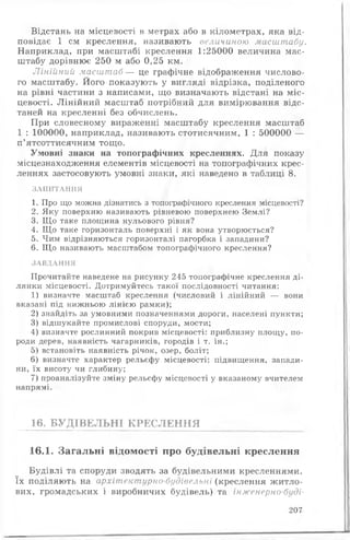 Відстань на місцевості в метрах або в кілометрах, яка від­
повідає 1 см креслення, називають величиною масштабу.
Наприклад, при масштабі креслення 1:25000 величина мас­
штабу дорівнює 250 м або 0,25 км.
Лінійний масштаб— це графічне відображення числово­
го масштабу. Його показують у вигляді відрізка, поділеного
на рівні частини з написами, що визначають відстані на міс­
цевості. Лінійний масштаб потрібний для вимірювання відс­
таней на кресленні без обчислень.
При словесному вираженні масштабу креслення масштаб
1 : 100000, наприклад, називають стотисячним, 1 : 500000 —
п’ятсоттисячним тощо.
Умовні знаки на топографічних кресленнях. Для показу
місцезнаходження елементів місцевості на топографічних крес­
леннях застосовують умовні знаки, які наведено в таблиці 8.
ЗАПИТАННЯ
1. Про що можна дізнатись з топографічного креслення місцевості?
2. Яку поверхню називають рівневою поверхнею Землі?
3. Щ о таке площина нульового рівня?
4. Щ о таке горизонталь поверхні і як вона утворюється?
5. Чим відрізняються горизонталі пагорбка і западини?
6. Щ о називають масштабом топографічного креслення?
ЗАВДАННЯ
Прочитайте наведене на рисунку 245 топографічне креслення ді­
лянки місцевості. Дотримуйтесь такої послідовності читання:
1) визначте масштаб креслення (числовий і лінійний — вони
вказані під нижньою лінією рамки);
2) знайдіть за умовними позначеннями дороги, населені пункти;
3) відшукайте промислові споруди, мости;
4) визначте рослинний покрив місцевості: приблизну площу, по­
роди дерев, наявність чагарників, городів і т. ін .;
5) встановіть наявність річок, озер, боліт;
6) визначте характер рельєфу місцевості: підвищення, запади­
ни, їх висоту чи глибину;
7) проаналізуйте зміну рельєфу місцевості у вказаному вчителем
напрямі.
16. БУДІВЕЛЬНІ КРЕСЛЕННЯ
16.1. Загальні відомості про будівельні креслення
Будівлі та споруди зводять за будівельними кресленнями,
їх поділяють на архітектурно-будівельні (креслення житло­
вих, громадських і виробничих будівель) та інженерно-буді-
207
 