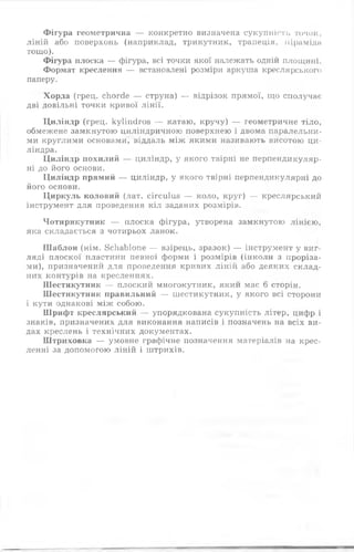 Фігура геометрична — конкретно визначена сукупність точок,
ліній або поверхонь (наприклад, трикутник, трапеція, піраміди
тощо).
Фігура плоска — фігура, всі точки якої належать одній площині.
Формат креслення — встановлені розміри аркуша креслярського
паперу.
Хорда (грец. сЬогсіе — струна) — відрізок прямої, що сполучає
дві довільні точки кривої лінії.
Циліндр (грец. куііпсігоз — катаю, кручу) — геометричне тіло,
обмежене замкнутою циліндричною поверхнею і двома паралельни­
ми круглими основами, віддаль між якими називають висотою ци­
ліндра.
Циліндр похилий — циліндр, у якого твірні не перпендикуляр­
ні до його основи.
Циліндр прямий — циліндр, у якого твірні перпендикулярні до
його основи.
Циркуль коловий (лат. сігсиїиз — коло, круг) — креслярський
інструмент для проведення кіл заданих розмірів.
Чотирикутник — плоска фігура, утворена замкнутою лінією,
яка складається з чотирьох ланок.
Ш аблон (нім. 8сЬаЬ1опе — взірець, зразок) — інструмент у виг­
ляді плоскої пластини певної форми і розмірів (інколи з проріза­
ми), призначений для проведення кривих ліній або деяких склад­
них контурів на кресленнях.
Шестикутник — плоский многокутник, який має 6 сторін.
Шестикутник правильний — шестикутник, у якого всі сторони
і кути однакові між собою.
Шрифт креслярський — упорядкована сукупність літер, цифр і
знаків, призначених для виконання написів і позначень на всіх ви­
дах креслень і технічних документах.
Штриховка — умовне графічне позначення матеріалів на крес­
ленні за допомогою ліній і штрихів.
 