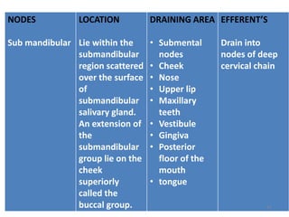 NODES
Sub mandibular
LOCATION
Lie within the
submandibular
region scattered
over the surface
of
submandibular
salivary gland.
An extension of
the
submandibular
group lie on the
cheek
superiorly
called the
buccal group.
DRAINING AREA
• Submental
nodes
• Cheek
• Nose
• Upper lip
• Maxillary
teeth
• Vestibule
• Gingiva
• Posterior
floor of the
mouth
• tongue
EFFERENT’S
Drain into
nodes of deep
cervical chain
43
 