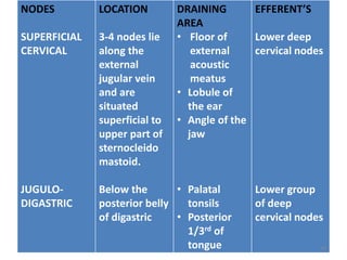 NODES
SUPERFICIAL
CERVICAL
JUGULO-
DIGASTRIC
LOCATION
3-4 nodes lie
along the
external
jugular vein
and are
situated
superficial to
upper part of
sternocleido
mastoid.
Below the
posterior belly
of digastric
DRAINING
AREA
• Floor of
external
acoustic
meatus
• Lobule of
the ear
• Angle of the
jaw
• Palatal
tonsils
• Posterior
1/3rd of
tongue
EFFERENT’S
Lower deep
cervical nodes
Lower group
of deep
cervical nodes
46
 