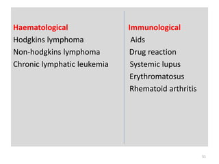 Haematological Immunological
Hodgkins lymphoma Aids
Non-hodgkins lymphoma Drug reaction
Chronic lymphatic leukemia Systemic lupus
Erythromatosus
Rhematoid arthritis
51
 