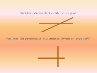 Dues línies són secants si es tallen en un punt 
Dues línies són perpendiculars si al creuar-se formen un angle de 90º 
 