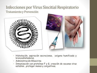 InfeccionesporVirus Sincitial Respiratorio
TratamientoyPrevención
• Hidratación, aspiración secreciones, oxigeno humificado y
broncodilatadores.
• Administración Ribavirina
• Inmunización con proteínas F y G, creación de vacunas virus
estables , proteger manos y conjuntivas.
 