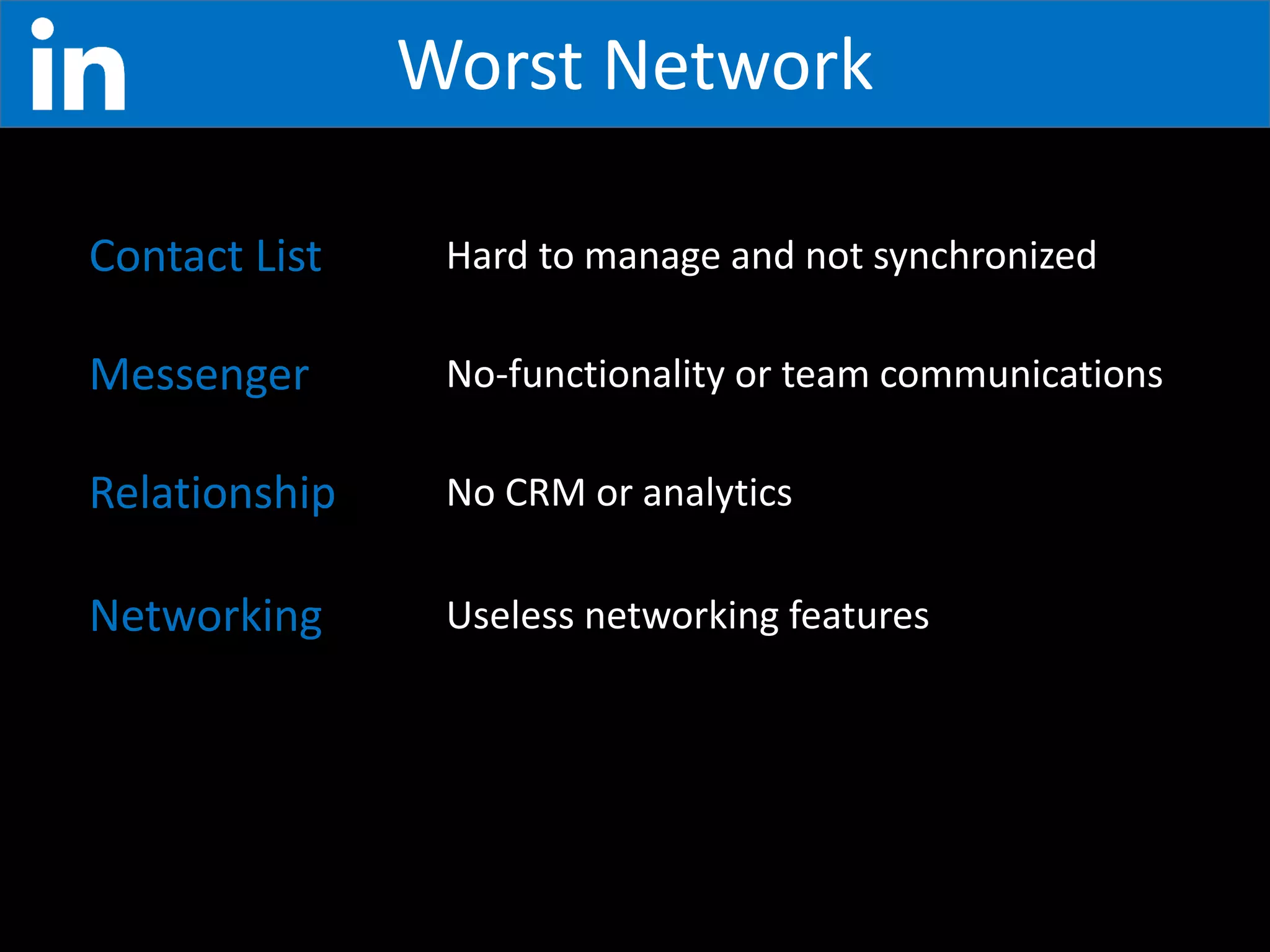 Fake Profiles Bot-Made Profiles
Empty Profiles
No Professionals
Employees for headhunters
 