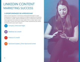 Company y Showcase Pages
SlideShare de LinkedIn
Publicar en LinkedIn
Sponsored Updates y Direct Sponsored Content
4
5 OPOR...