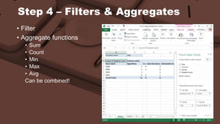 Step 4 – Filters & Aggregates 
• Filter 
• Aggregate functions 
• Sum 
• Count 
• Min 
• Max 
• Avg 
Can be combined! 
 