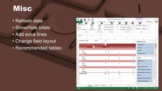 Misc 
• Refresh data 
• Show/hide totals 
• Add extra lines 
• Change field layout 
• Recommended tables 
 