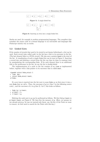 5 Elementary Data Structures
1 5 2 9
Figure 5: A singly-linked list.
1 5 2 9
11
Figure 6: Inserting an item into a singly-linked list.
Stacks are used, for example in modern programming languages. The compilers that
translate the source code of a formal language to an executable and languages like
Postscript entirely rely on stacks.
5.2 Linked Lists
If the number of records that need to be stored is not known beforehand, a list can be
used. Each record (also called node) in the list has a link to its successor in the list.
(The last element links to a NULL record.) We also save a pointer head to the start of
the list. A visualization of such a singly-linked list can be seen in Figure 5. Inserting
a record into and deleting a record from the list can then be done in constant time
by manipulating the corresponding links. If for each element there is an additional
link to the predecessor in the list, we say the list is doubly-linked.
The implementation of a node in the list consists of an item as implemented
before, together with a link pointer to its successor that is called next.
1typedef struct Node_struct {
2 item dat;
3 struct Node_struct *next;
4} Node;
If a new item is inserted into the list next to some Node p, we ﬁrst store it into a
new Node that we call r. Then, the successor of p is r (line 1 in the following source
code) , and the successor of r is q (line 2). In C, this looks as follows.
1 Node *q = p->next;
2 p->next = r;
3 r->next = q;
Deleting the node next to p can be performed as follows. We ﬁrst link p->next to
p->next->next, see Figure 6. We then free the memory of p. (Here, we assume we
are already given p. In case we instead only know, say, the key of the Node we want
to remove, we ﬁrst need to search for the Node with this key.)
17
 