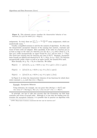 Algorithms and Data Structures (Liers)
c2g(x)
f(x)
c1g(x)
n0
Figure 2: This schematic picture visualizes the characteristic behavior of two
functions f(x), g(x) for which f(x) = Θ(g(x)).
assignments. In total, these are
n−2
j=1 j = (n−1)(n−2)
2 many assignments, which are
quadratically many. 1
Usually, a simpliﬁed notation is used for the analysis of algorithms. As often only
the characteristic asymptotic behavior of the running time matters, constants and
terms of lower order are skipped. More speciﬁally, if the value of a function g(n) is
at least as large as the value of a function f(n) for all n ≥ n0 with a ﬁxed n0 ∈ N,
then g(n) yields asymptotically an upper bound for f(n), and we write f = O(g).
The worst-case running time for insertion sort thus is O(n2
). Similarly, asymptotic
lower bounds are deﬁned and denoted by Ω. If f = O(g), it is g = Ω(f). If a function
asymptotically yields a lower as well as an upper bound, the notation Θ is used.
More formally, let g : N0 → N0 be a function. We deﬁne
Θ(g(n)) := {f(n)|(∃c1, c2, n0 > 0)(∀n ≥ n0) : 0 ≤ c1g(n) ≤ f(n) ≤ c2g(n)}
O(g(n)) := {f(n)|(∃c, n0 > 0)(∀n ≥ n0) : 0 ≤ f(n) ≤ cg(n)}
Ω(g(n)) := {f(n)|(∃c, n0 > 0)(∀n ≥ n0) : 0 ≤ cg(n) ≤ f(n)}
In Figure 2, we show the characteristic behavior of two functions for which there
exists constants c1, c2 such that f(x) = Θ(g(x)).
Example: Asymptotic Behavior
Using induction, for example, one can prove that 10n log n = O(n2
) and
vice versa n2
= Ω(n log n). For a, b, c ∈ R, it is an2
+ bn + c = Θ(n2
).
In principle, one has to take into account that the O-notation can hide large
constants and terms of second order. Although it is true that the leading term de-
termines the asymptotic behavior, it is possible that in practice an algorithm with
1 BTW: What kind of instance constitutes the best case for insertion sort?
6
 