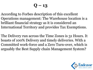 Q – 13
According to Forbes description of this excellent
Operations management: The Warehouse location is a
brilliant financial strategy as it is considered an
International Territory and provides Tax Exemptions.
The Delivery run across the Time Zones is 31 Hours. It
boasts of 100% Delivery and timely deliveries. With a
Committed work-force and a Zero Turn-over, which is
arguably the Best Supply chain Management System?
 