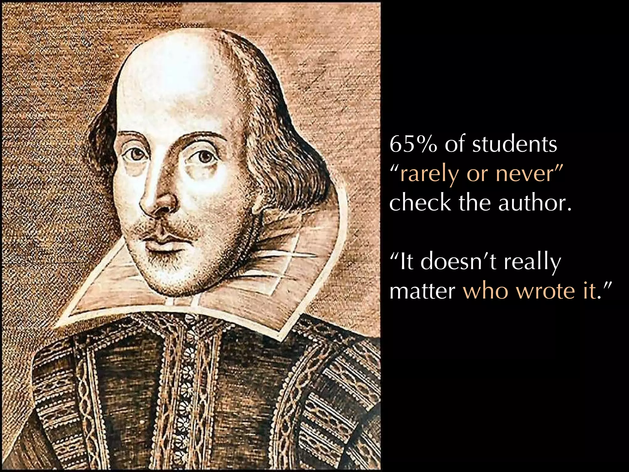 65% of students “ rarely or never”  check the author. “ It doesn’t really matter  who wrote it .” .. 