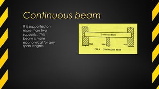 Continuous beamContinuous beam
It is supported onIt is supported on
more than twomore than two
supports . Thissupports . This
beam is morebeam is more
economical for anyeconomical for any
span lengths.span lengths.
 
