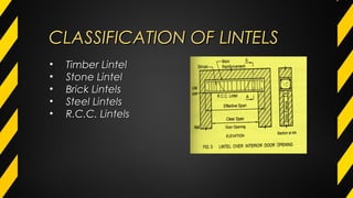 CLASSIFICATION OF LINTELSCLASSIFICATION OF LINTELS
• Timber LintelTimber Lintel
• Stone LintelStone Lintel
• Brick LintelsBrick Lintels
• Steel LintelsSteel Lintels
• R.C.C. LintelsR.C.C. Lintels
 