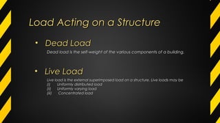 Load Acting on a StructureLoad Acting on a Structure
• Dead LoadDead Load
• Live LoadLive Load
Dead load is the self-weight of the various components of a building.Dead load is the self-weight of the various components of a building.
Live load is the external superimposed load on a structure. Live loads may beLive load is the external superimposed load on a structure. Live loads may be
(i)(i) Uniformly distributed loadUniformly distributed load
(ii)(ii) Uniformly varying loadUniformly varying load
(iii)(iii) Concentrated loadConcentrated load
 