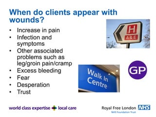 When do clients appear with
wounds?
• Increase in pain
• Infection and
symptoms
• Other associated
problems such as
leg/groin pain/cramp
• Excess bleeding
• Fear
• Desperation
• Trust
 