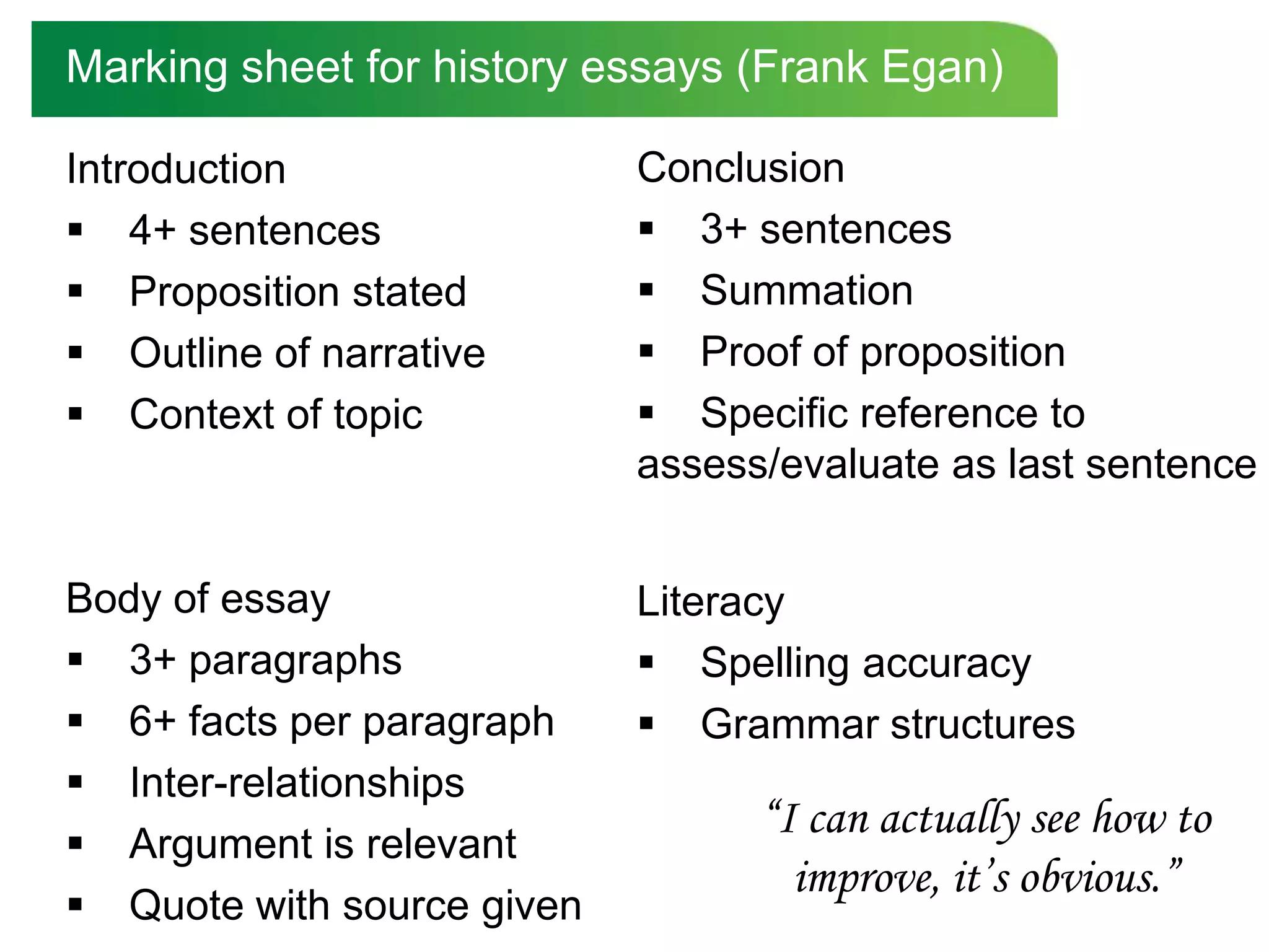 Marking sheet for history essays (Frank Egan)

Introduction                Conclusion
 4+ sentences               3+ sentences
 Proposition stated         Summation
 Outline of narrative       Proof of proposition
 Context of topic           Specific reference to
                            assess/evaluate as last sentence


Body of essay               Literacy
 3+ paragraphs              Spelling accuracy
 6+ facts per paragraph     Grammar structures
 Inter-relationships
                                  “I can actually see how to
 Argument is relevant
                                    improve, it’s obvious.”
 Quote with source given
 