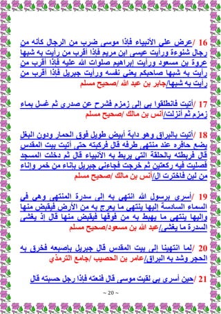 ~ 20 ~
16
/
‫من‬ ‫كأنه‬ ‫الرجال‬ ‫من‬ ‫ضرب‬ ‫موسى‬ ‫فإذا‬ ‫األنبياء‬ ‫علي‬ ‫عرض‬
‫شبها‬ ‫به‬ ‫رأيت‬ ‫من‬ ‫أقرب‬ ‫فإذا‬ ‫مريم‬ ‫ابن‬ ‫عيسى‬ ‫ورأيت‬ ‫شنوءة‬ ‫رجال‬
‫إبراهي‬ ‫ورأيت‬ ‫مسعود‬ ‫بن‬ ‫عروة‬
‫من‬ ‫أقرب‬ ‫فإذا‬ ‫عليه‬ ‫هللا‬ ‫صلوات‬ ‫م‬
‫من‬ ‫أقرب‬ ‫فإذا‬ ‫جبريل‬ ‫ورأيت‬ ‫نفسه‬ ‫يعني‬ ‫صاحبكم‬ ‫شبها‬ ‫به‬ ‫رأيت‬
/‫شبها‬ ‫به‬ ‫رأيت‬
‫مسلم‬ ‫صحيح‬/ ‫هللا‬ ‫عبد‬ ‫بن‬ ‫جابر‬
17
/
‫زمز‬ ‫إلى‬ ‫بي‬ ‫فانطلقوا‬ ‫أتيت‬
‫بماء‬ ‫غسل‬ ‫ثم‬ ‫صدري‬ ‫عن‬ ‫فشرح‬ ‫م‬
/‫أنزلت‬ ‫ثم‬ ‫زمزم‬
‫مسلم‬ ‫صحيح‬/ ‫مالك‬ ‫بن‬ ‫أنس‬
18
/
‫البغل‬ ‫ودون‬ ‫الحمار‬ ‫فوق‬ ‫طويل‬ ‫أبيض‬ ‫دابة‬ ‫وهو‬ ‫بالبراق‬ ‫أتيت‬
‫فركب‬ ‫قال‬ ‫طرفه‬ ‫منتهى‬ ‫عند‬ ‫حافره‬ ‫يضع‬
‫المقدس‬ ‫بيت‬ ‫أتيت‬ ‫حتى‬ ‫ته‬
‫المسجد‬ ‫دخلت‬ ‫ثم‬ ‫قال‬ ‫األنبياء‬ ‫به‬ ‫يربط‬ ‫التي‬ ‫بالحلقة‬ ‫فربطته‬ ‫قال‬
‫وإناء‬ ‫خمر‬ ‫من‬ ‫بإناء‬ ‫جبريل‬ ‫فجاءني‬ ‫خرجت‬ ‫ثم‬ ‫ركعتين‬ ‫فيه‬ ‫فصليت‬
/‫ال‬ ‫فاخترت‬ ‫لبن‬ ‫من‬
‫مسلم‬ ‫صحيح‬/ ‫مالك‬ ‫بن‬ ‫أنس‬
19
/
‫في‬ ‫وهي‬ ‫المنتهى‬ ‫سدرة‬ ‫إلى‬ ‫به‬ ‫انتهي‬ ‫هللا‬ ‫برسول‬ ‫أسري‬
‫منها‬ ‫فيقبض‬ ‫األرض‬ ‫من‬ ‫به‬ ‫يعرج‬ ‫ما‬ ‫ينتهي‬ ‫إليها‬ ‫السادسة‬ ‫السماء‬
‫يغ‬ ‫إذ‬ ‫قال‬ ‫منها‬ ‫فيقبض‬ ‫فوقها‬ ‫من‬ ‫به‬ ‫يهبط‬ ‫ما‬ ‫ينتهي‬ ‫وإليها‬
‫شى‬
/‫يغشى‬ ‫ما‬ ‫السدرة‬
‫مسلم‬ ‫صحيح‬/‫مسعود‬ ‫بن‬ ‫هللا‬ ‫عبد‬
20
/
‫به‬ ‫فخرق‬ ‫بإصبعه‬ ‫جبريل‬ ‫قال‬ ‫المقدس‬ ‫بيت‬ ‫إلى‬ ‫انتهينا‬ ‫لما‬
/‫البراق‬ ‫به‬ ‫وشد‬ ‫الحجر‬
‫الترمذي‬ ‫جامع‬/ ‫الحصيب‬ ‫بن‬ ‫عامر‬
21
/
‫قال‬ ‫حسبته‬ ‫رجل‬ ‫فإذا‬ ‫فنعته‬ ‫قال‬ ‫موسى‬ ‫لقيت‬ ‫بي‬ ‫أسري‬ ‫حين‬
 