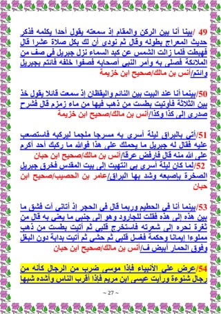 ~ 27 ~
49
/
‫فذكر‬ ‫يكلمه‬ ‫أحدا‬ ‫يقول‬ ‫سمعته‬ ‫إذ‬ ‫والمقام‬ ‫الركن‬ ‫بين‬ ‫أنا‬ ‫بينا‬
‫قال‬ ‫عشرا‬ ‫صالة‬ ‫بكل‬ ‫لك‬ ‫أن‬ ‫نودي‬ ‫ثم‬ ‫وقال‬ ‫بطوله‬ ‫المعراج‬ ‫حديث‬
‫من‬ ‫صف‬ ‫في‬ ‫جبريل‬ ‫نزل‬ ‫السماء‬ ‫كبد‬ ‫عن‬ ‫الشمس‬ ‫زالت‬ ‫فلما‬ ‫فهبطت‬
‫المالئكة‬
‫بجبريل‬ ‫فائتم‬ ‫خلفه‬ ‫فصفوا‬ ‫أصحابه‬ ‫النبي‬ ‫وأمر‬ ‫به‬ ‫فصلى‬
/‫وائتم‬
‫خزيمة‬ ‫ابن‬ ‫صحيح‬/‫مالك‬ ‫بن‬ ‫أنس‬
50
/
‫خذ‬ ‫يقول‬ ‫قائال‬ ‫سمعت‬ ‫إذ‬ ‫واليقظان‬ ‫النائم‬ ‫بين‬ ‫البيت‬ ‫عند‬ ‫أنا‬ ‫بينما‬
‫ف‬ ‫الثالثة‬ ‫بين‬
‫فشرح‬ ‫قال‬ ‫زمزم‬ ‫ماء‬ ‫من‬ ‫فيها‬ ‫ذهب‬ ‫من‬ ‫بطست‬ ‫أوتيت‬
/‫وكذا‬ ‫كذا‬ ‫إلى‬ ‫صدري‬
‫خزيمة‬ ‫ابن‬ ‫صحيح‬/‫مالك‬ ‫بن‬ ‫أنس‬
51
/
‫فاستصعب‬ ‫ليركبه‬ ‫ملجما‬ ‫مسرجا‬ ‫به‬ ‫أسري‬ ‫ليلة‬ ‫بالبراق‬ ‫أتي‬
‫جبريل‬ ‫له‬ ‫فقال‬ ‫عليه‬
‫أكرم‬ ‫أحد‬ ‫ركبك‬ ‫ما‬ ‫فوهللا‬ ‫هذا‬ ‫على‬ ‫يحملك‬ ‫ما‬
/‫عرقا‬ ‫فارفض‬ ‫قال‬ ‫منه‬ ‫هللا‬ ‫على‬
‫حبان‬ ‫ابن‬ ‫صحيح‬/‫مالك‬ ‫بن‬ ‫أنس‬
52
/
‫جبريل‬ ‫فخرق‬ ‫المقدس‬ ‫بيت‬ ‫إلى‬ ‫انتهيت‬ ‫بي‬ ‫أسري‬ ‫ليلة‬ ‫كان‬ ‫لما‬
‫بإصبع‬ ‫الصخرة‬
/‫البراق‬ ‫بها‬ ‫وشد‬ ‫ه‬
‫ابن‬ ‫صحيح‬/‫الحصيب‬ ‫بن‬ ‫عامر‬
‫حبان‬
53
/
‫ما‬ ‫فشق‬ ‫آت‬ ‫أتاني‬ ‫إذ‬ ‫الحجر‬ ‫في‬ ‫قال‬ ‫وربما‬ ‫الحطيم‬ ‫في‬ ‫أنا‬ ‫بينما‬
‫قا‬ ‫به‬ ‫يعني‬ ‫ما‬ ‫جنبي‬ ‫إلى‬ ‫وهو‬ ‫للجارود‬ ‫فقلت‬ ‫هذه‬ ‫إلى‬ ‫هذه‬ ‫بين‬
‫من‬ ‫ل‬
‫ذهب‬ ‫من‬ ‫بطست‬ ‫أتيت‬ ‫ثم‬ ‫قلبي‬ ‫فاستخرج‬ ‫شعرته‬ ‫إلى‬ ‫نحره‬ ‫ثغرة‬
‫البغل‬ ‫دون‬ ‫بدابة‬ ‫أتيت‬ ‫ثم‬ ‫حشي‬ ‫ثم‬ ‫قلبي‬ ‫فغسل‬ ‫وحكمة‬ ‫إيمانا‬ ‫مملوءا‬
/‫ف‬ ‫أبيض‬ ‫الحمار‬ ‫وفوق‬
‫حبان‬ ‫ابن‬ ‫صحيح‬/‫مالك‬ ‫بن‬ ‫أنس‬
54
/
‫من‬ ‫كأنه‬ ‫الرجال‬ ‫من‬ ‫ضرب‬ ‫موسى‬ ‫فإذا‬ ‫األنبياء‬ ‫علي‬ ‫عرض‬
‫شبها‬ ‫وأشده‬ ‫الناس‬ ‫أقرب‬ ‫فإذا‬ ‫مريم‬ ‫ابن‬ ‫عيسى‬ ‫ورأيت‬ ‫شنوءة‬ ‫رجال‬
 