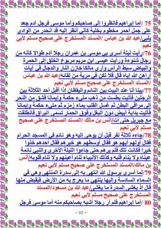 ~ 32 ~
75
/
‫جعد‬ ‫آدم‬ ‫فرجل‬ ‫موسى‬ ‫وأما‬ ‫صاحبكم‬ ‫إلى‬ ‫فانظروا‬ ‫إبراهيم‬ ‫أما‬
‫الوادي‬ ‫من‬ ‫انحدر‬ ‫قد‬ ‫إليه‬ ‫أنظر‬ ‫كأني‬ ‫بخلبة‬ ‫مخطوم‬ ‫أحمر‬ ‫جمل‬ ‫على‬
/‫يلبي‬
‫صحيح‬ ‫على‬ ‫المستخرج‬ ‫المسند‬/ ‫عباس‬ ‫بن‬ ‫هللا‬ ‫عبد‬
‫ألبي‬ ‫مسلم‬
‫نعيم‬
76
/
‫من‬ ‫كأنه‬ ‫طواَل‬ ‫آدم‬ ‫رجال‬ ‫عمران‬ ‫بن‬ ‫موسى‬ ‫بي‬ ‫أسري‬ ‫ليلة‬ ‫رأيت‬
‫الحمرة‬ ‫إلى‬ ‫الخلق‬ ‫مربوع‬ ‫مريم‬ ‫ابن‬ ‫عيسى‬ ‫ورأيت‬ ‫شنوءة‬ ‫رجال‬
‫خ‬ ‫مالكا‬ ‫وأرى‬ ‫الرأس‬ ‫سبط‬ ‫والبياض‬
‫آيات‬ ‫في‬ ‫والدجال‬ ‫النار‬ ‫ازن‬
/‫لقائه‬ ‫من‬ ‫مرية‬ ‫في‬ ‫تكن‬ ‫فال‬ ‫قال‬ ‫إياه‬ ‫هللا‬ ‫أراهن‬
‫عباس‬ ‫بن‬ ‫هللا‬ ‫عبد‬
‫نعيم‬ ‫ألبي‬ ‫مسلم‬ ‫صحيح‬ ‫على‬ ‫المستخرج‬ ‫المسند‬/
77
/
‫بين‬ ‫البيت‬ ‫عند‬ ‫أنا‬ ‫بينا‬
‫بين‬ ‫الثالثة‬ ‫أحد‬ ‫أقبل‬ ‫إذا‬ ‫واليقظان‬ ‫النائم‬
‫النحر‬ ‫من‬ ‫فشق‬ ‫وإيمانا‬ ‫حكمة‬ ‫مليء‬ ‫ذهب‬ ‫من‬ ‫بطست‬ ‫فأتيت‬ ‫الرجلين‬
‫وإيمانا‬ ‫حكمة‬ ‫مليء‬ ‫ثم‬ ‫زمزم‬ ‫بماء‬ ‫القلب‬ ‫غسل‬ ‫ثم‬ ‫البطن‬ ‫مراقي‬ ‫إلى‬
‫فانطلقت‬ ‫البراق‬ ‫تسمى‬ ‫الحمار‬ ‫وفوق‬ ‫البغل‬ ‫دون‬ ‫أبيض‬ ‫بدابة‬ ‫فأتيت‬
/‫أت‬ ‫حتى‬ ‫جبريل‬ ‫مع‬
‫الم‬ ‫المسند‬/ ‫مالك‬ ‫بن‬ ‫أنس‬
‫صحيح‬ ‫على‬ ‫ستخرج‬
‫نعيم‬ ‫ألبي‬ ‫مسلم‬
78
/
‫الحرام‬ ‫المسجد‬ ‫في‬ ‫نائم‬ ‫وهو‬ ‫إليه‬ ‫يوحى‬ ‫أن‬ ‫قبل‬ ‫نفر‬ ‫ثالثة‬ ‫جاءه‬
‫خذوا‬ ‫أحدهم‬ ‫فقال‬ ‫خيرهم‬ ‫هو‬ ‫أوسطهم‬ ‫فقال‬ ‫هو‬ ‫أيهم‬ ‫أولهم‬ ‫فقال‬
‫فكانت‬ ‫خيرا‬
‫نائمة‬ ‫والنبي‬ ‫األخرى‬ ‫الليلة‬ ‫جاءوا‬ ‫حتى‬ ‫يرهم‬ ‫فلم‬ ‫تلك‬
/‫قلوبه‬ ‫تنام‬ ‫وَل‬ ‫أعينهم‬ ‫تنام‬ ‫األنبياء‬ ‫وكذلك‬ ‫قلبه‬ ‫ينام‬ ‫وَل‬ ‫عيناه‬
‫أنس‬
‫نعيم‬ ‫ألبي‬ ‫مسلم‬ ‫صحيح‬ ‫على‬ ‫المستخرج‬ ‫المسند‬/‫مالك‬ ‫بن‬
79
/
‫في‬ ‫وهي‬ ‫المنتهى‬ ‫سدرة‬ ‫إلى‬ ‫به‬ ‫انتهى‬ ‫هللا‬ ‫برسول‬ ‫أسري‬ ‫لما‬
‫منها‬ ‫فيقبض‬ ‫األرض‬ ‫من‬ ‫به‬ ‫يعرج‬ ‫ما‬ ‫ينتهي‬ ‫وإليها‬ ‫السادسة‬ ‫السماء‬
/‫يغشى‬ ‫ما‬ ‫السدرة‬ ‫يغشى‬ ‫إذ‬ ‫قال‬
‫المسند‬/‫مسعود‬ ‫بن‬ ‫هللا‬ ‫عبد‬
‫نعيم‬ ‫ألبي‬ ‫مسلم‬ ‫صحيح‬ ‫على‬ ‫المستخرج‬
80
/
‫فرجل‬ ‫موسى‬ ‫أما‬ ‫منه‬ ‫بصاحبكم‬ ‫أشبه‬ ‫رجال‬ ‫أر‬ ‫فلم‬ ‫إبراهيم‬ ‫أما‬
 