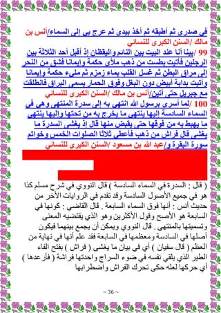 ~ 36 ~
/‫السماء‬ ‫إلى‬ ‫بي‬ ‫عرج‬ ‫ثم‬ ‫بيدي‬ ‫أخذ‬ ‫ثم‬ ‫أطبقه‬ ‫ثم‬ ‫صدري‬ ‫في‬
‫بن‬ ‫أنس‬
‫للنسائي‬ ‫الكبرى‬ ‫السنن‬/ ‫مالك‬
99
/
‫بين‬ ‫الثالثة‬ ‫أحد‬ ‫أقبل‬ ‫إذ‬ ‫واليقظان‬ ‫النائم‬ ‫بين‬ ‫البيت‬ ‫عند‬ ‫أنا‬ ‫بينا‬
‫النحر‬ ‫من‬ ‫فشق‬ ‫وإيمانا‬ ‫حكمة‬ ‫مألى‬ ‫ذهب‬ ‫من‬ ‫بطست‬ ‫فأتيت‬ ‫الرجلين‬
‫وإيمانا‬ ‫حكمة‬ ‫مليء‬ ‫ثم‬ ‫زمزم‬ ‫بماء‬ ‫القلب‬ ‫غسل‬ ‫ثم‬ ‫البطن‬ ‫مراق‬ ‫إلى‬
‫فانطلقت‬ ‫البراق‬ ‫يسمى‬ ‫الحمار‬ ‫وفوق‬ ‫البغل‬ ‫دون‬ ‫أبيض‬ ‫بدابة‬ ‫وأتيت‬
/‫أتين‬ ‫حتى‬ ‫جبريل‬ ‫مع‬
‫للنسائي‬ ‫الكبرى‬ ‫السنن‬/ ‫مالك‬ ‫بن‬ ‫أنس‬
100
/
‫في‬ ‫وهي‬ ‫المنتهى‬ ‫سدرة‬ ‫إلى‬ ‫به‬ ‫انتهي‬ ‫هللا‬ ‫برسول‬ ‫أسري‬ ‫لما‬
‫ينتهي‬ ‫وإليها‬ ‫تحتها‬ ‫من‬ ‫به‬ ‫يخرج‬ ‫ما‬ ‫ينتهي‬ ‫إليها‬ ‫السادسة‬ ‫السماء‬
‫ما‬ ‫السدرة‬ ‫يغشى‬ ‫إذ‬ ‫قال‬ ‫منها‬ ‫يقبض‬ ‫حتى‬ ‫فوقها‬ ‫من‬ ‫به‬ ‫يهبط‬ ‫ما‬
‫ذ‬ ‫من‬ ‫فراش‬ ‫قال‬ ‫يغشى‬
‫وخواتم‬ ‫الخمس‬ ‫الصلوات‬ ‫ثالثا‬ ‫فأعطي‬ ‫هب‬
/‫و‬ ‫البقرة‬ ‫سورة‬
‫للنسائي‬ ‫الكبرى‬ ‫السنن‬/ ‫مسعود‬ ‫بن‬ ‫هللا‬ ‫عبد‬
‫ا‬ ‫ك‬ ‫مسلم‬ ‫رح‬ ‫فم‬ ‫وي‬ ‫ال‬ ‫قال‬ ) ‫السادسة‬ ‫السماء‬ ‫فم‬ ‫ة‬ ‫السد‬ ‫قال‬ (
‫من‬ ‫األخر‬ ‫الروايات‬ ‫فم‬ ‫تقدم‬ ‫وقد‬ ‫السادسة‬ ‫ل‬ ‫األص‬ ‫جميع‬ ‫فم‬
‫فم‬ ‫نها‬ ‫ك‬ ‫القاضم‬ ‫قال‬ . ‫السابعة‬ ‫السماء‬ ‫ق‬ ‫ف‬ ‫ينها‬ ‫ينب‬ ‫حديث‬
‫ال‬ ‫و‬ ‫األكثرين‬ ‫ل‬ ‫وق‬ ‫األصح‬ ‫السابعة‬
‫ى‬ ‫المع‬ ‫يه‬ ‫يقت‬ ‫ي‬
‫ن‬ ‫فيك‬ ‫هما‬ ‫بي‬ ‫يجمع‬ ‫ين‬ ‫ويمكن‬ ‫وي‬ ‫ال‬ ‫قال‬ . ‫تهى‬ ‫بالم‬ ‫وتسميتها‬
‫من‬ ‫نهاية‬ ‫فم‬ ‫ينها‬ ‫الم‬ ‫فقد‬ ‫السابعة‬ ‫فم‬ ‫ومعظمها‬ ‫السادسة‬ ‫فم‬ ‫يصلها‬
‫الفاء‬ ‫بفتح‬ ) ‫فراش‬ ( ‫يرشى‬ ‫ما‬ ‫بيان‬ ‫فم‬ ‫يي‬ ) ‫سفيان‬ ‫قال‬ ( ‫العظم‬
) ‫ا‬ ‫اد‬ ‫فأ‬ ( ‫ة‬ ‫فرا‬ ‫واحدتها‬ ‫السراج‬ ‫ء‬ ‫ض‬ ‫فم‬ ‫نفسه‬ ‫يلقم‬ ‫ي‬ ‫ال‬ ‫الطير‬
‫ي‬
‫واضطرابها‬ ‫الفراش‬ ‫تحرك‬ ‫حكى‬ ‫لعله‬ ‫حركها‬ ‫ي‬
 