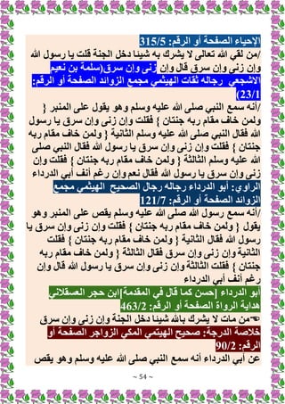 ~ 54 ~
:‫الرقم‬ ‫أو‬ ‫الصفحة‬ ‫اإلحياء‬
5
/
315
/
‫هللا‬ ‫رسول‬ ‫يا‬ ‫قلت‬ ‫الجنة‬ ‫دخل‬ ‫شيئا‬ ‫به‬ ‫يشرك‬ ‫َل‬ ‫تعالى‬ ‫هللا‬ ‫لقي‬ ‫من‬
‫وإن‬ ‫قال‬ ‫سرق‬ ‫وإن‬ ‫زنى‬ ‫وإن‬
‫نعيم‬ ‫بن‬ ‫سرق(سلمة‬ ‫وإن‬ ‫زنى‬
‫اَلشجعي‬
:‫الرقم‬ ‫أو‬ ‫الصفحة‬ ‫الزوائد‬ ‫مجمع‬ ‫الهيثمي‬ ‫ثقات‬ ‫رجاله‬
1
/
23
)
/
{ ‫المنبر‬ ‫على‬ ‫يقول‬ ‫وهو‬ ‫وسلم‬ ‫عليه‬ ‫هللا‬ ‫صلى‬ ‫النبي‬ ‫سمع‬ ‫أنه‬
‫ربه‬ ‫مقام‬ ‫خاف‬ ‫ولمن‬
‫رسول‬ ‫يا‬ ‫سرق‬ ‫وإن‬ ‫زنى‬ ‫وإن‬ ‫فقلت‬ } ‫جنتان‬
‫ربه‬ ‫مقام‬ ‫خاف‬ ‫ولمن‬ { ‫الثانية‬ ‫وسلم‬ ‫عليه‬ ‫هللا‬ ‫صلى‬ ‫النبي‬ ‫فقال‬ ‫هللا‬
‫صلى‬ ‫النبي‬ ‫فقال‬ ‫هللا‬ ‫رسول‬ ‫يا‬ ‫سرق‬ ‫وإن‬ ‫زنى‬ ‫وإن‬ ‫فقلت‬ } ‫جنتان‬
‫وإن‬ ‫فقلت‬ } ‫جنتان‬ ‫ربه‬ ‫مقام‬ ‫خاف‬ ‫ولمن‬ { ‫الثالثة‬ ‫وسلم‬ ‫عليه‬ ‫هللا‬
‫ر‬ ‫وإن‬ ‫نعم‬ ‫فقال‬ ‫هللا‬ ‫رسول‬ ‫يا‬ ‫سرق‬ ‫وإن‬ ‫زنى‬
‫الدرداء‬ ‫أبي‬ ‫أنف‬ ‫غم‬
‫الصحيح‬ ‫رجال‬ ‫رجاله‬ ‫الدرداء‬ ‫أبو‬ :‫الراوي‬
‫مجمع‬ ‫الهيثمي‬
:‫الرقم‬ ‫أو‬ ‫الصفحة‬ ‫الزوائد‬
7
/
121
/
‫وهو‬ ‫المنبر‬ ‫على‬ ‫يقص‬ ‫وسلم‬ ‫عليه‬ ‫هللا‬ ‫صلى‬ ‫هللا‬ ‫رسول‬ ‫سمع‬ ‫أنه‬
‫يا‬ ‫سرق‬ ‫وإن‬ ‫زنى‬ ‫وإن‬ ‫فقلت‬ } ‫جنتان‬ ‫ربه‬ ‫مقام‬ ‫خاف‬ ‫ولمن‬ { ‫يقول‬
‫مقام‬ ‫خاف‬ ‫ولمن‬ { ‫الثانية‬ ‫فقال‬ ‫هللا‬ ‫رسول‬
‫فقلت‬ } ‫جنتان‬ ‫ربه‬
‫ربه‬ ‫مقام‬ ‫خاف‬ ‫ولمن‬ { ‫الثالثة‬ ‫فقال‬ ‫سرق‬ ‫وإن‬ ‫زنى‬ ‫وإن‬ ‫الثانية‬
‫وإن‬ ‫قال‬ ‫هللا‬ ‫رسول‬ ‫يا‬ ‫سرق‬ ‫وإن‬ ‫زنى‬ ‫وإن‬ ‫الثالثة‬ ‫فقلت‬ } ‫جنتان‬
‫الدرداء‬ ‫أبي‬ ‫أنف‬ ‫رغم‬
‫العسقالني‬ ‫حجر‬ ‫المقدمة]ابن‬ ‫في‬ ‫قال‬ ‫كما‬ ‫[حسن‬ ‫الدرداء‬ ‫أبو‬
:‫الرقم‬ ‫أو‬ ‫الصفحة‬ ‫الرواة‬ ‫هداية‬
2
/
463

‫َل‬ ‫مات‬ ‫من‬
‫سرق‬ ‫وإن‬ ‫زنى‬ ‫وإن‬ ‫الجنة‬ ‫دخل‬ ‫شيئا‬ ‫باهلل‬ ‫يشرك‬
‫أو‬ ‫الصفحة‬ ‫الزواجر‬ ‫المكي‬ ‫الهيتمي‬ ‫صحيح‬ :‫الدرجة‬ ‫خالصة‬
:‫الرقم‬
2
/
90
‫يقص‬ ‫وهو‬ ‫وسلم‬ ‫عليه‬ ‫هللا‬ ‫صلى‬ ‫النبي‬ ‫سمع‬ ‫أنه‬ ‫الدرداء‬ ‫أبي‬ ‫عن‬
 