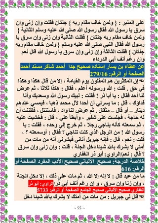 ~ 55 ~
‫وإن‬ ‫زنى‬ ‫وإن‬ ‫فقلت‬ ‫جنتان‬ } ‫ربه‬ ‫مقام‬ ‫خاف‬ ‫ولمن‬ { : ‫المنبر‬ ‫على‬
‫صلى‬ ‫هللا‬ ‫رسول‬ ‫فقال‬ ‫هللا‬ ‫رسول‬ ‫يا‬ ‫سرق‬
{ ‫الثانية‬ ‫وسلم‬ ‫عليه‬ ‫هللا‬
‫يا‬ ‫سرق‬ ‫وإن‬ ‫زنى‬ ‫وإن‬ ‫الثانية‬ ‫فقلت‬ } ‫جنتان‬ ‫ربه‬ ‫مقام‬ ‫خاف‬ ‫ولمن‬
‫ربه‬ ‫مقام‬ ‫خاف‬ ‫ولمن‬ { ‫وسلم‬ ‫عليه‬ ‫هللا‬ ‫صلى‬ ‫النبي‬ ‫فقال‬ ‫هللا‬ ‫رسول‬
‫نعم‬ ‫قال‬ ‫هللا‬ ‫رسول‬ ‫يا‬ ‫سرق‬ ‫وإن‬ ‫زنى‬ ‫وإن‬ ‫الثالثة‬ ‫فقلت‬ } ‫جنتان‬
‫الدرداء‬ ‫أبي‬ ‫أنف‬ ‫رغم‬ ‫وإن‬
‫جدا‬ ‫صحيح‬ ‫إسناده‬ ‫يسار‬ ‫بن‬ ‫عطاء‬ ‫عن‬
‫أحمد‬ ‫مسند‬ ‫شاكر‬ ‫أحمد‬
:‫الرقم‬ ‫أو‬ ‫الصفحة‬
16
/
279

‫وهكذا‬ ‫هكذا‬ ‫قال‬ ‫من‬ ‫إَل‬ ، ‫القيامة‬ ‫يوم‬ ‫المقلون‬ ‫هم‬ ‫المكثرين‬ ‫إن‬
‫عرض‬ ‫ثم‬ ، ‫ثالثا‬ ‫هكذا‬ : ‫فقال‬ ، ‫أعلم‬ ‫ورسوله‬ ‫هللا‬ : ‫قلت‬ . ‫حق‬ ‫في‬
‫وأنا‬ ‫وسعديك‬ ‫هللا‬ ‫رسول‬ ‫لبيك‬ : ‫فقلت‬ ! ‫ذر‬ ‫أبا‬ ‫يا‬ : ‫فقال‬ ‫أحد‬ ‫لنا‬
‫أح‬ ‫أن‬ ‫يسرني‬ ‫ما‬ : ‫قال‬ ، ‫فداؤك‬
‫عندهم‬ ‫فيمسي‬ ، ‫ذهبا‬ ‫محمد‬ ‫آلل‬ ‫دا‬
‫دينار‬
–
‫قال‬ ‫أو‬
–
‫أن‬ ‫فظننت‬ ، ‫فاستنتل‬ ، ‫واد‬ ‫لنا‬ ‫عرض‬ ‫ثم‬ . ‫مثقال‬
‫عليه‬ ‫فخشيت‬ : ‫قال‬ ، ‫علي‬ ‫وأبطأ‬ ، ‫شفير‬ ‫على‬ ‫فجلست‬ ، ‫حاجة‬ ‫له‬
‫يا‬ : ‫فقلت‬ ، ‫وحده‬ ‫إلي‬ ‫خرج‬ ‫ثم‬ ، ‫رجال‬ ‫يناجي‬ ‫كأنه‬ ‫سمعته‬ ‫ثم‬ ،
‫أوسمعت‬ : ‫فقال‬ ‫؟‬ ‫تناجي‬ ‫كنت‬ ‫الذي‬ ‫الرجل‬ ‫من‬ ! ‫هللا‬ ‫رسول‬
، ‫؟‬ ‫ه‬
‫من‬ ‫مات‬ ‫من‬ ‫أنه‬ ‫فبشرني‬ ‫أتاني‬ ‫جبريل‬ ‫فإنه‬ : ‫قال‬ ، ‫نعم‬ : ‫قلت‬
‫سرق‬ ‫وإن‬ ‫زنى‬ ‫وإن‬ : ‫قلت‬ ، ‫الجنة‬ ‫دخل‬ ‫شيئا‬ ‫باهلل‬ ‫يشرك‬ ‫َل‬ ‫أمتي‬
‫نعم‬ : ‫قال‬ ‫؟‬
/
‫الغفاري‬ ‫ذر‬ ‫أبو‬ :‫الراوي‬
‫صحيح‬ :‫الدرجة‬ ‫خالصة‬
‫أو‬ ‫الصفحة‬ ‫المفرد‬ ‫األدب‬ ‫صحيح‬ ‫األلباني‬
:‫الرقم‬
616
‫هللا‬ ‫إَل‬ ‫إله‬ ‫َل‬ : ‫قال‬ ‫عبد‬ ‫من‬ ‫ما‬
‫الجنة‬ ‫دخل‬ ‫إَل‬ ، ‫ذلك‬ ‫على‬ ‫مات‬ ‫ثم‬ ،
‫ذر‬ ‫أبي‬ ‫أنف‬ ‫رغم‬ ‫إن‬ ‫و‬ ، ‫سرق‬ ‫وإن‬ ‫زنا‬ ‫وإن‬ ،
/
‫ذر‬ ‫أبو‬ :‫الراوي‬
:‫الرقم‬ ‫أو‬ ‫الصفحة‬ ‫الجامع‬ ‫صحيح‬ ‫األلباني‬ ‫صحيح‬ ‫الغفاري‬
5733

‫دخل‬ ‫شيئا‬ ‫باهلل‬ ‫يشرك‬ ‫َل‬ ‫أمتك‬ ‫من‬ ‫مات‬ ‫من‬ : ‫جبريل‬ ‫لي‬ ‫قال‬
 