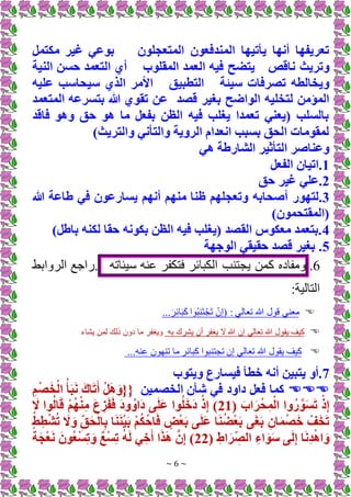 ~ 6 ~
‫المندفعون‬ ‫يأتيها‬ ‫أنها‬ ‫تعريفها‬
‫المتعجلون‬
‫مكتمل‬ ‫غير‬ ‫بوعي‬
‫ناقص‬ ‫وتريث‬
‫المقلوب‬ ‫العمد‬ ‫فيه‬ ‫يتضح‬
‫النية‬ ‫حسن‬ ‫التعمد‬ ‫أي‬
‫سيئة‬ ‫تصرفات‬ ‫ويخالطه‬
‫التطبيق‬
‫عليه‬ ‫سيحاسب‬ ‫الذي‬ ‫األمر‬
‫الواضح‬ ‫لتخليه‬ ‫المؤمن‬
‫قصد‬ ‫بغير‬
‫المتعمد‬ ‫بتسرعه‬ ‫هللا‬ ‫تقوي‬ ‫عن‬
‫فاقد‬ ‫وهو‬ ‫حق‬ ‫هو‬ ‫ما‬ ‫بفعل‬ ‫الظن‬ ‫فيه‬ ‫يغلب‬ ‫تعمدا‬ ‫(يعني‬ ‫بالسلب‬
)‫والتريث‬ ‫والتأني‬ ‫الروية‬ ‫انعدام‬ ‫بسبب‬ ‫الحق‬ ‫لمقومات‬
‫هي‬ ‫الشارطة‬ ‫التأثير‬ ‫وعناصر‬
1
‫الفعل‬ ‫اتيان‬.
2
‫حق‬ ‫غير‬ ‫علي‬.
3
‫أصحابه‬ ‫لتهور‬.
‫هللا‬ ‫طاعة‬ ‫في‬ ‫يسارعون‬ ‫أنهم‬ ‫منهم‬ ‫ظنا‬ ‫وتعجلهم‬
‫(المقتح‬
)‫مون‬
4
)‫باطل‬ ‫لكنه‬ ‫حقا‬ ‫بكونه‬ ‫الظن‬ ‫فيه‬ ‫(يغلب‬ ‫القصد‬ ‫معكوس‬ ‫بتعمد‬.
5
‫ال‬ ‫حقيقي‬ ‫قصد‬ ‫بغير‬ .
‫وجهة‬
6
.
‫ومفاده‬
‫كمن‬
‫ب‬ ‫يجت‬
‫الكبائر‬
‫فتكفر‬
‫ه‬ ‫ا‬
‫سيئاته‬
‫الروابط‬ ‫اجع‬ .
‫التالية‬

‫تعالم‬ ‫هللا‬ ‫ل‬ ‫ق‬ ‫م‬ ‫مع‬
َ‫ر‬ِ‫ئ‬‫ا‬َ‫ب‬َ‫ك‬ ‫ا‬ ُ‫ب‬ِ َ‫ت‬ْ‫َج‬‫ت‬ ْ‫ن‬ِ‫إ‬(
...

‫به‬ ‫يشرك‬ ‫ين‬ ‫يرفر‬ ‫هللا‬ ‫إن‬ ‫تعالم‬ ‫هللا‬ ‫ل‬ ‫يق‬ ‫كيف‬
‫يشاء‬ ‫لمن‬ ‫ذلك‬ ‫دون‬ ‫ما‬ ‫ويرفر‬

‫ه‬ ‫ا‬ ‫ن‬ ‫ه‬ ‫ت‬ ‫ما‬ ‫كبائر‬ ‫ا‬ ‫ب‬ ‫تجت‬ ‫إن‬ ‫تعالم‬ ‫هللا‬ ‫ل‬ ‫يق‬ ‫كيف‬
...
7
‫ويتوب‬ ‫فيسارع‬ ‫خطأ‬ ‫أنه‬ ‫يتبين‬ ‫أو‬.

‫داود‬ ‫فعل‬ ‫كما‬
‫الخصمين‬ ‫شأن‬ ‫في‬
ِ‫م‬ْ‫ص‬َ‫خ‬ْ‫ال‬ ُ‫أ‬َ‫ب‬َ‫ن‬ َ‫اك‬َ‫ت‬َ‫أ‬ ْ‫ل‬َ‫ه‬ َ‫{{و‬
( َ‫اب‬َ‫ر‬ْ‫ح‬ِ‫م‬ْ‫ال‬ ‫وا‬ُ‫ر‬ َّ‫و‬َ‫س‬َ‫ت‬ ْ‫ذ‬ِ‫إ‬
21
َ
‫َل‬ ‫وا‬ُ‫ل‬‫ا‬َ‫ق‬ ْ‫م‬ُ‫ه‬ْ‫ن‬ِ‫م‬ َ‫ع‬ ِ‫ز‬َ‫ف‬َ‫ف‬ َ‫د‬‫و‬ُ‫َاو‬‫د‬ ‫ى‬َ‫ل‬َ‫ع‬ ‫وا‬ُ‫ل‬َ‫خ‬َ‫د‬ ْ‫ذ‬ِ‫إ‬ )
ْ‫ط‬ِ‫ط‬ْ‫ش‬ُ‫ت‬ َ
‫َل‬ َ‫و‬ ِ‫ق‬َ‫ح‬ْ‫ال‬ِ‫ب‬ ‫ا‬َ‫ن‬َ‫ن‬ْ‫ي‬َ‫ب‬ ْ‫م‬ُ‫ك‬ْ‫اح‬َ‫ف‬ ٍ
‫ض‬ْ‫ع‬َ‫ب‬ ‫ى‬َ‫ل‬َ‫ع‬ ‫ا‬َ‫ن‬ُ‫ض‬ْ‫ع‬َ‫ب‬ ‫ى‬َ‫غ‬َ‫ب‬ ِ‫ان‬َ‫م‬ْ‫ص‬َ‫خ‬ ْ
‫ف‬َ‫خ‬َ‫ت‬
ِ‫اط‬َ‫ر‬ ِ
‫الص‬ ِ‫اء‬ َ‫و‬َ‫س‬ ‫ى‬َ‫ل‬ِ‫إ‬ ‫ا‬َ‫ن‬ِ‫د‬ْ‫ه‬‫ا‬ َ‫و‬
(
22
ً‫ة‬َ‫ج‬ْ‫ع‬َ‫ن‬ َ‫ُون‬‫ع‬ْ‫س‬ِ‫ت‬ َ‫و‬ ٌ‫ع‬ْ‫س‬ِ‫ت‬ ُ‫ه‬َ‫ل‬ ‫ي‬ِ‫خ‬َ‫أ‬ ‫ا‬َ‫ذ‬َ‫ه‬ َّ‫ن‬ِ‫إ‬ )
 