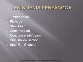 Timber board 
Plywood 
Steel beam 
Concrete slab 
Concrete plinth/beam 
Steel hollow section 
Steel C – Channel 
KOLEJ KOMUNITI SEGAMAT | MOHD NORAZIZI BIN MD YUSOP| SPB 3502 
 
