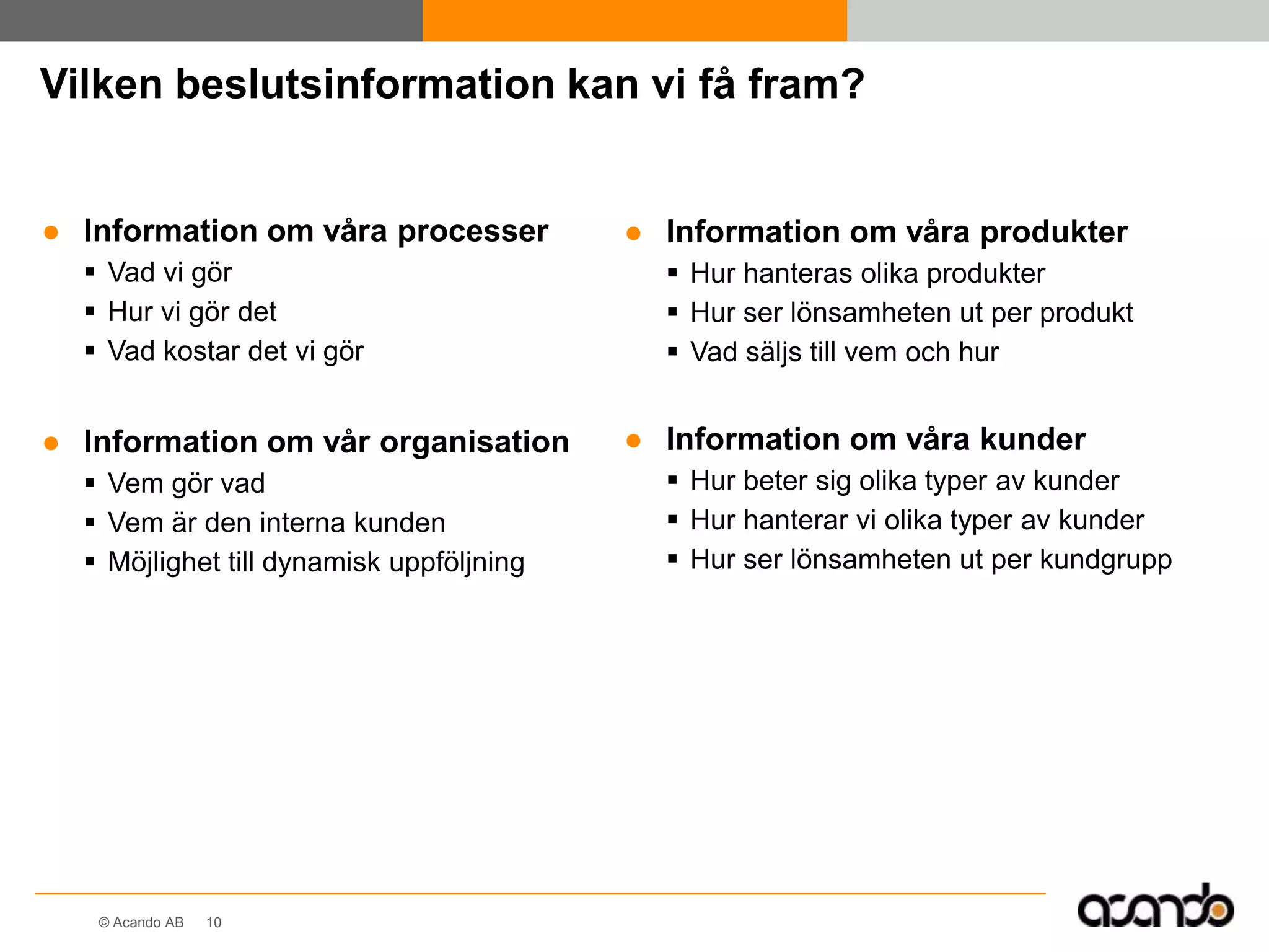 Vi har investerat i ERP, budgetverktyg och beslutsstöd – men…Vad kostar det vi gör? - Våra processer!Vad kostar våra olika kunder? - Vilka är lönsamma?Vad kostar våra produkter? - Var tjänar vi pengar?Hur bra är vi?-Hur utvecklas vår produktivitet?Hur påverkas vi av förändringar?- Marknadsförutsättningar - Omorganisationer - OutsourcingEkonomifunktionen:79% av tiden läggs på lågt värde-adderande aktiviteter,21% på viktig analys av information  för att förbättra verksamheten (2)2. Answerthing, ”Corporate Strategic Planning Suffers from Inefficiencies, Study Reveals”, www.answerthink.com