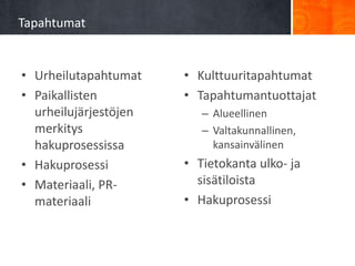 Tapahtumat


• Urheilutapahtumat    • Kulttuuritapahtumat
• Paikallisten         • Tapahtumantuottajat
  urheilujärjestöjen      – Alueellinen
  merkitys                – Valtakunnallinen,
  hakuprosessissa           kansainvälinen
• Hakuprosessi         • Tietokanta ulko- ja
• Materiaali, PR-        sisätiloista
  materiaali           • Hakuprosessi
 