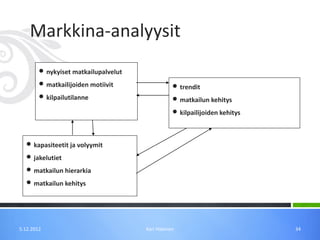 Markkina-analyysit
        • nykyiset matkailupalvelut
        • matkailijoiden motiivit                • trendit
        • kilpailutilanne                        • matkailun kehitys
                                                 • kilpailijoiden kehitys


  • kapasiteetit ja volyymit
  • jakelutiet
  • matkailun hierarkia
  • matkailun kehitys



5.12.2012                             Kari Halonen                          34
 