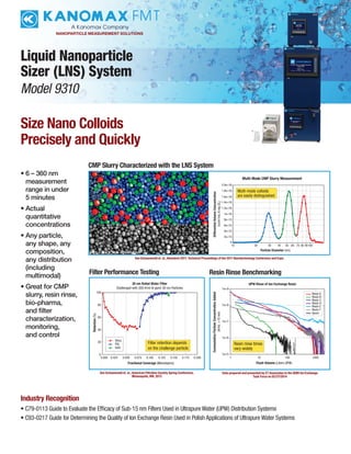 Size Nano Colloids
Precisely and Quickly
Liquid Nanoparticle
Sizer (LNS) System
Model 9310
NANOPARTICLE MEASUREMENT SOLUTIONS
• 6 – 360 nm
measurement
range in under
5 minutes
• Actual
quantitative
concentrations
• Any particle,
any shape, any
composition,
any distribution
(including
multimodal)
• Great for CMP
slurry, resin rinse,
bio-pharma,
and filter
characterization,
monitoring,
and control
Industry Recognition
• C79-0113 Guide to Evaluate the Efficacy of Sub-15 nm Filters Used in Ultrapure Water (UPW) Distribution Systems
• C93-0217 Guide for Determining the Quality of Ion Exchange Resin Used in Polish Applications of Ultrapure Water Systems
CMP Slurry Characterized with the LNS System
Multi-Mode CMP Slurry Measurement
Particle Diameter (nm)
DifferentialVolumeConcentration
d(nm3
/mL/dlog(DP
)
2.0e+16
1.8e+16
1.6e+16
1.4e+16
1.2e+16
1e+16
8e+15
6e+15
4e+15
2e+15
0
10 20 30 40 50 60 70 80 90100
Multi-mode colloids
are easily distinguished
30 nm Rated Water Filter
Challenged with 2E8 #/ml (6 ppm) 30 nm Particles
Fractional Coverage (Monolayers)
Retention(%)
100
80
60
40
20
0
0.000 0.025
Silica
PSL
Gold
0.050 0.075 0.100 0.125 0.150 0.175 0.200
Filter retention depends
on the challenge particle
UPW Rinse of Ion Exchange Resin
Flush Volume (Liters UPW)
CummulativeParticleConcentrationAdded
(#/mL10nm)
1e+9
1e+8
1e+7
1e+6
1e+5
1 10 100 1000
Resin A
Resin B
Resin C
Resin D
Resin E
Resin F
Spool
Resin rinse times
vary widely
Filter Performance Testing Resin Rinse Benchmarking
Data prepared and presented by CT Associates to the SEMI Ion Exchange
Task Force on 02/27/2014
Van Schooneveld et. al., American Filtration Society Spring Conference,
Minneapolis, MN, 2013
Van Schooneveld et. al., Nanotech 2011: Technical Proceedings of the 2011 Nanotechnology Conference and Expo
 