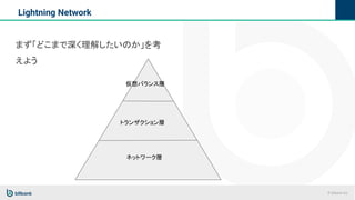 © bitbank inc.
Lightning Network
まず「どこまで深く理解したいのか」を考
えよう
仮想バランス層
トランザクション層
ネットワーク層
 