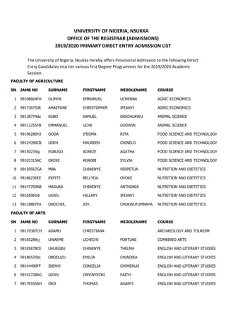 UNIVERSITY OF NIGERIA, NSUKKA
OFFICE OF THE REGISTRAR (ADMISSIONS)
2019/2020 PRIMARY DIRECT ENTRY ADMISSION LIST
The University of Nigeria, Nsukka hereby offers Provisional Admission to the following Direct
Entry Candidates into her various first Degree Programmes for the 2019/2020 Academic
Session.
FACULTY OF AGRICULTURE
SN JAMB NO SURNAME FIRSTNAME MIDDLENAME COURSE
1 99108664FH OLINYA EMMANUEL UCHENNA AGRIC ECONOMICS
2 99173675JB AMAEFUNE CHRISTOPHER IFEANYI AGRIC ECONOMICS
3 99138774de EGBO SAMUEL OKECHUKWU ANIMAL SCIENCE
4 99112255FB EMMANUEL UCHE GODWIN ANIMAL SCIENCE
5 99196280HJ OODA IFEOMA RITA FOOD SCIENCE AND TECHNOLOGY
6 99124390CB UDEH MAUREEN CHINELO FOOD SCIENCE AND TECHNOLOGY
7 99150235ig EGBUGO ADAEZE AGATHA FOOD SCIENCE AND TECHNOLOGY
8 99103315AC OKEKE ADAOBI SYLVIA FOOD SCIENCE AND TECHNOLOGY
9 99150567GA MBA CHINENYE PERPETUA NUTRITION AND DIETETICS
10 99186236EE EKPITE BELLYDA OVOKE NUTRITION AND DIETETICS
11 99147709AB MADUKA CHINENYE ANTHONIA NUTRITION AND DIETETICS
12 99165965di UGWU HILLARY IFEANYI NUTRITION AND DIETETICS
13 99118887EA ONOCHIE, JOY, CHUKWUFUMNAYA. NUTRITION AND DIETETICS
FACULTY OF ARTS
SN JAMB NO SURNAME FIRSTNAME MIDDLENAME COURSE
1 99179387CH ADAMU CHRISTIANA ARCHAEOLOGY AND TOURISM
2 99165289cj UWAEME UCHECHI FORTUNE COMBINED ARTS
3 99195878CE UHUEGBU CHINENYE THELMA ENGLISH AND LITERARY STUDIES
4 99186570bc OBODUZU EMILIA CHIADIKA ENGLISH AND LITERARY STUDIES
5 99144490FF IDENYI CONCELIA CHIMERUO ENGLISH AND LITERARY STUDIES
6 99142728AG UGWU ONYINYECHI FAITH ENGLISH AND LITERARY STUDIES
7 99178165AH OKO THOMAS AGANYI ENGLISH AND LITERARY STUDIES
 