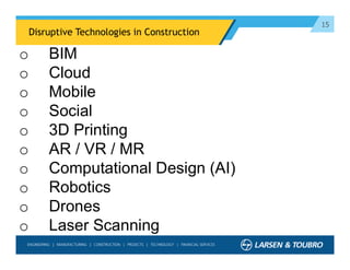 15
Disruptive Technologies in Construction
o BIM
o Cloud
o Mobile
o Social
o 3D Printing
o AR / VR / MR
o Computational Design (AI)
o Robotics
o Drones
o Laser Scanning
 