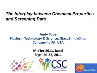 The Interplay between Chemical Properties
and Screening Data


                    Andy Pope
 Platform Technology & Science, GlaxoSmithKline,
               Collegeville PA, USA

               MipTec 2011, Basel
               Sept. 20-22, 2011
 