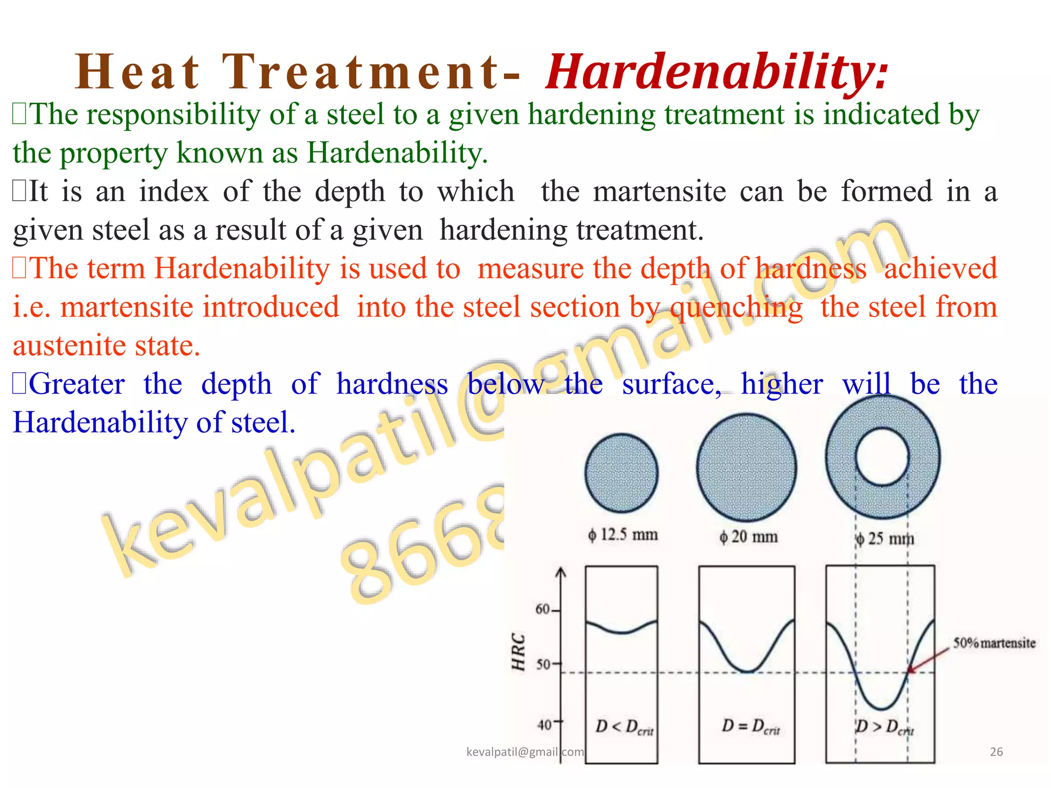 Heat Treatment- Hardenability:
29
The responsibility of a steel to a given hardening treatment is indicated by
the property known as Hardenability.
It is an index of the depth to which the martensite can be formed in a
given steel as a result of a given hardening treatment.
The term Hardenability is used to measure the depth of hardness achieved
i.e. martensite introduced into the steel section by quenching the steel from
austenite state.
Greater the depth of hardness below the surface, higher will be the
Hardenability of steel.
kevalpatil@gmail.com 26
 