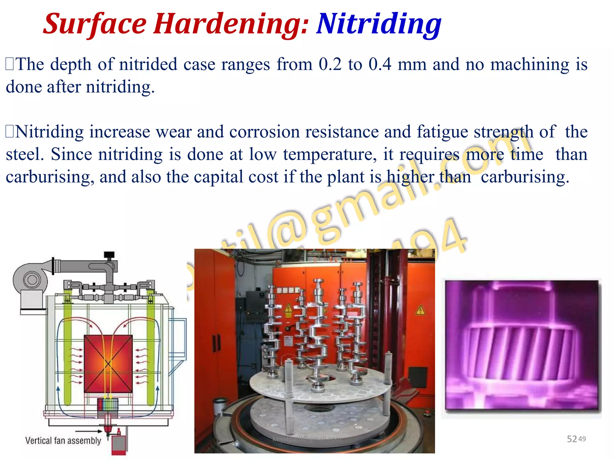Surface Hardening: Nitriding
52
The depth of nitrided case ranges from 0.2 to 0.4 mm and no machining is
done after nitriding.
Nitriding increase wear and corrosion resistance and fatigue strength of the
steel. Since nitriding is done at low temperature, it requires more time than
carburising, and also the capital cost if the plant is higher than carburising.
kevalpatil@gmail.com 49
 
