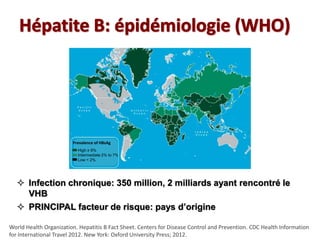  Infection chronique: 350 million, 2 milliards ayant rencontré le
VHB
 PRINCIPAL facteur de risque: pays d’origine
World Health Organization. Hepatitis B Fact Sheet. Centers for Disease Control and Prevention. CDC Health Information
for International Travel 2012. New York: Oxford University Press; 2012.
Prevalence of HBsAg
High ≥ 8%
Intermediate 2% to 7%
Low < 2%
 