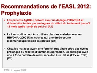  Les patients AgHBs+ doivent avoir un dosage d’HBVDNA et
doivent être traités par analogues du début du traitement jusqu’à
12 mois après l’arrêt de celui-ci (A1)
 La Lamivudine peut être utilisée chez les malades avec un
HBVDNA<2000 UI/ml et chez qui une durée courte
d’immunosuppression est prévue (B1)
 Chez les malades ayant une forte charge virale et/ou des cycles
prolongés ou répétés d’immunosuppression, un analogue avec
une + forte barrière de résistance doit être utilisé (ETV ou TDF)
(C1)
EASL, J Hepatol 2012
 