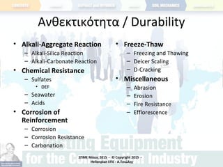 ΣΠΜΕ Μάιος 2015 - © Copyright 2015 -
Hellenplan ΕΠΕ - Α.Τσιώλης
Ανθεκτικότητα / Durability
• Alkali-Aggregate Reaction
– Alkali-Silica Reaction
– Alkali-Carbonate Reaction
• Chemical Resistance
– Sulfates
• DEF
– Seawater
– Acids
• Corrosion of
Reinforcement
– Corrosion
– Corrosion Resistance
– Carbonation
• Freeze-Thaw
– Freezing and Thawing
– Deicer Scaling
– D-Cracking
• Miscellaneous
– Abrasion
– Erosion
– Fire Resistance
– Efflorescence
 