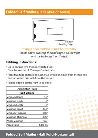  
Automation Rules
Self-Mailers
Folded Self Mailer (Half Fold-Horizontal)
Folded Self Mailer (Half Fold-Horizontal)
Tabbing Instructions:
* Up to 1oz use two 1”nonperforated tabs
Over 1oz use two 1.5”nonperforated tabs
* Place two tabs on trail edge. One tab within one inch from the top and
one tab within one inch from the bottom
* Folded edge is on the right (lead edge)
*Single Sheet folded in half horizontally.
*In the above drawing, the lead edge is on the right
and the trail edge is on the left.
Fold on
Leading Edge
 