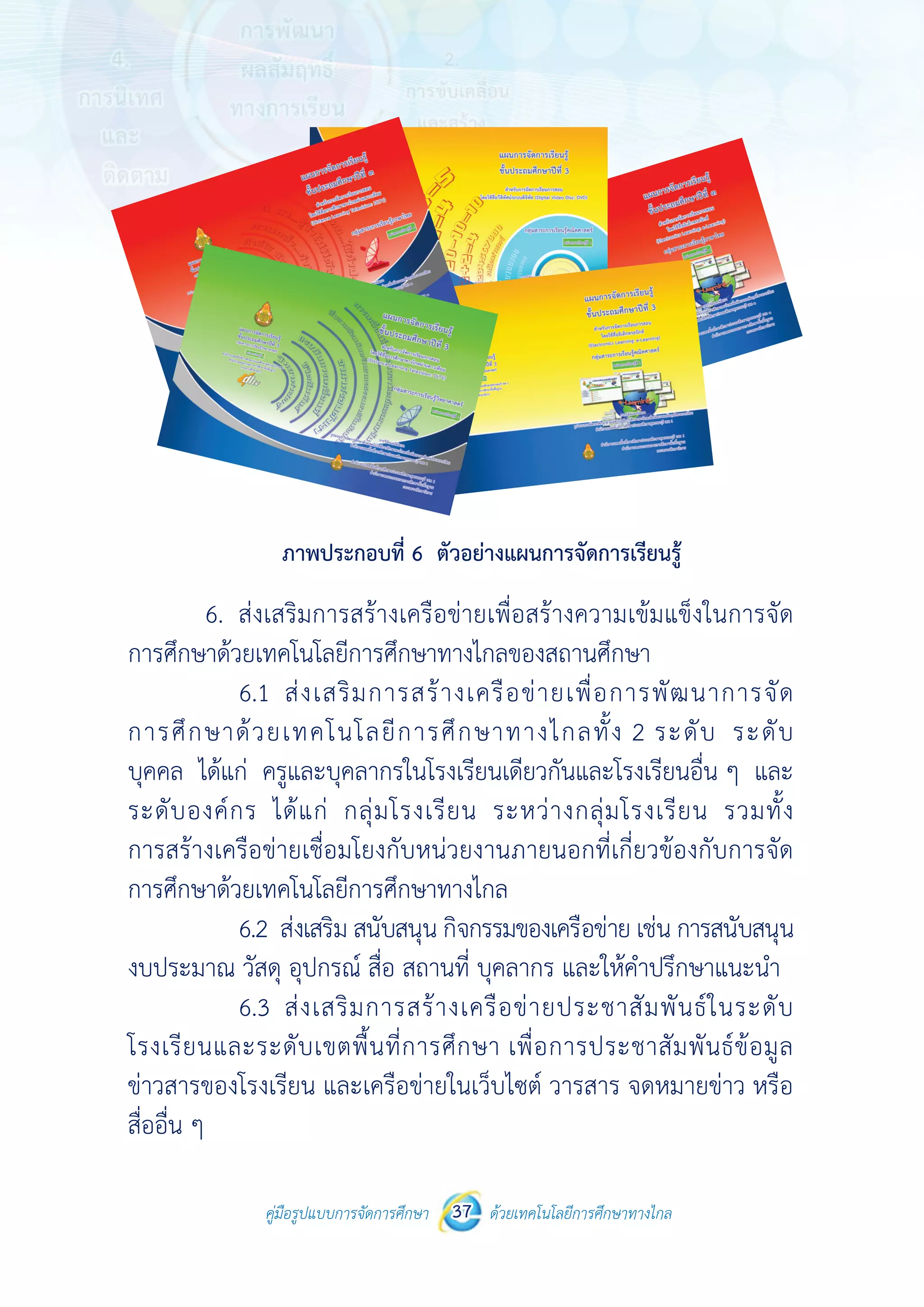 คู่มือรูปแบบการจัดการศึกษา ด้วยเทคโนโลยีการศึกษาทางไกล37
 
 
คู่มือรูปแบบการจัดการศึกษา 37 ด้วยเทคโนโลยีการศึกษาทางไกล
 
ภาพประกอบที่ 6 ตัวอย่างแผนการจัดการเรียนรู้
6. ส่งเสริมการสร้างเครือข่ายเพื่อสร้างความเข้มแข็งในการจัด
การศึกษาด้วยเทคโนโลยีการศึกษาทางไกลของสถานศึกษา
6.1 ส่งเสริมการสร้างเครือข่ายเพื่อการพัฒนาการจัด
การศึกษาด้วยเทคโนโลยีการศึกษาทางไกลทั้ง 2 ระดับ ระดับ
บุคคล ได้แก่ ครูและบุคลากรในโรงเรียนเดียวกันและโรงเรียนอื่น ๆ และ
ระดับองค์กร ได้แก่ กลุ่มโรงเรียน ระหว่างกลุ่มโรงเรียน รวมทั้ง
การสร้างเครือข่ายเชื่อมโยงกับหน่วยงานภายนอกที่เกี่ยวข้องกับการจัด
การศึกษาด้วยเทคโนโลยีการศึกษาทางไกล
6.2 ส่งเสริม สนับสนุน กิจกรรมของเครือข่าย เช่น การสนับสนุน
งบประมาณ วัสดุ อุปกรณ์ สื่อ สถานที่ บุคลากร และให้คําปรึกษาแนะนํา
6.3 ส่งเสริมการสร้างเครือข่ายประชาสัมพันธ์ในระดับ
โรงเรียนและระดับเขตพื้นที่การศึกษา เพื่อการประชาสัมพันธ์ข้อมูล
ข่าวสารของโรงเรียน และเครือข่ายในเว็บไซต์ วารสาร จดหมายข่าว หรือ
สื่ออื่น ๆ
 